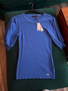 NWT Tahari Cobalt Blue Ribbed Puff-Sleeve Knit sweater